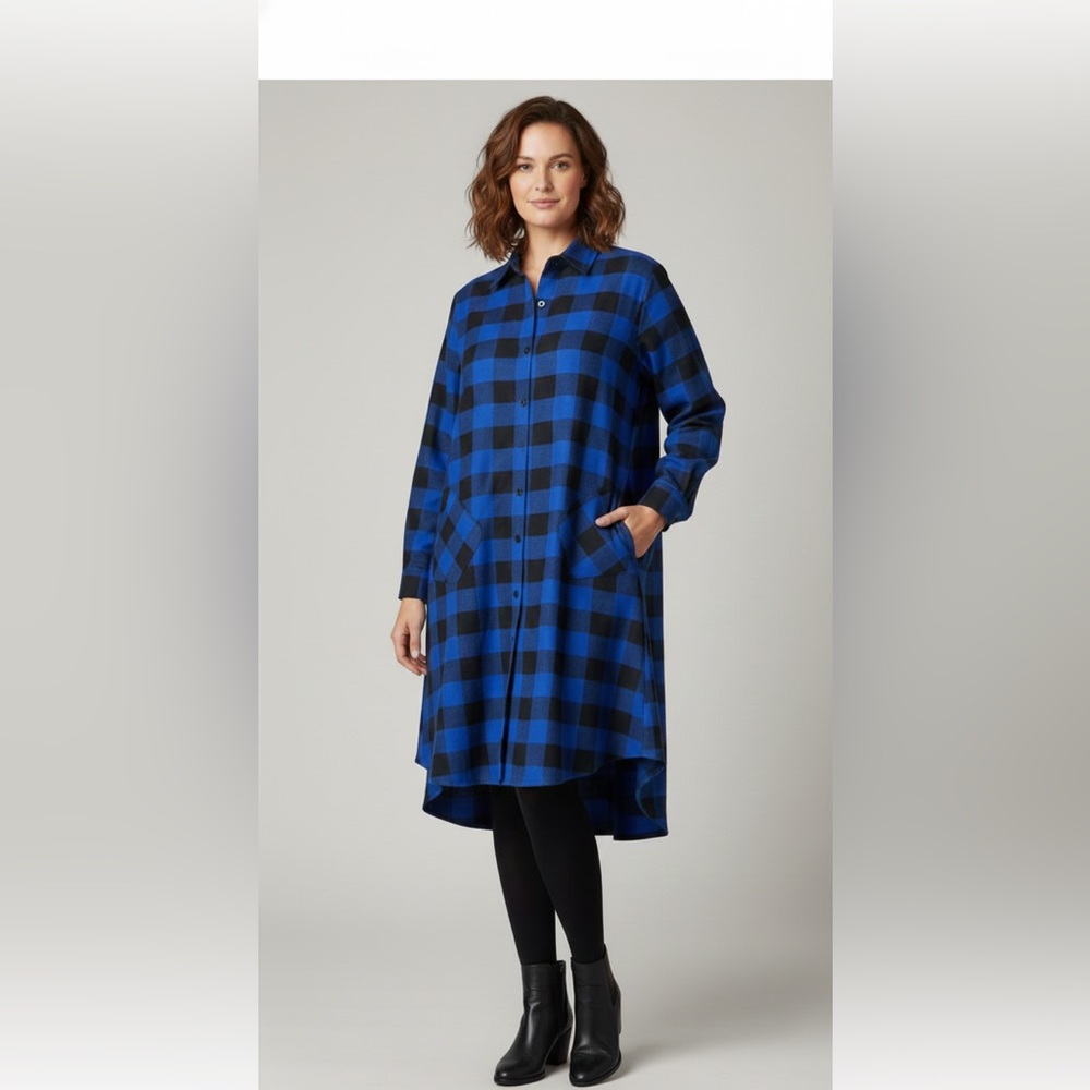New-Q125 Women's Blue and Black Checkered Button-Down Shirt Size 2X